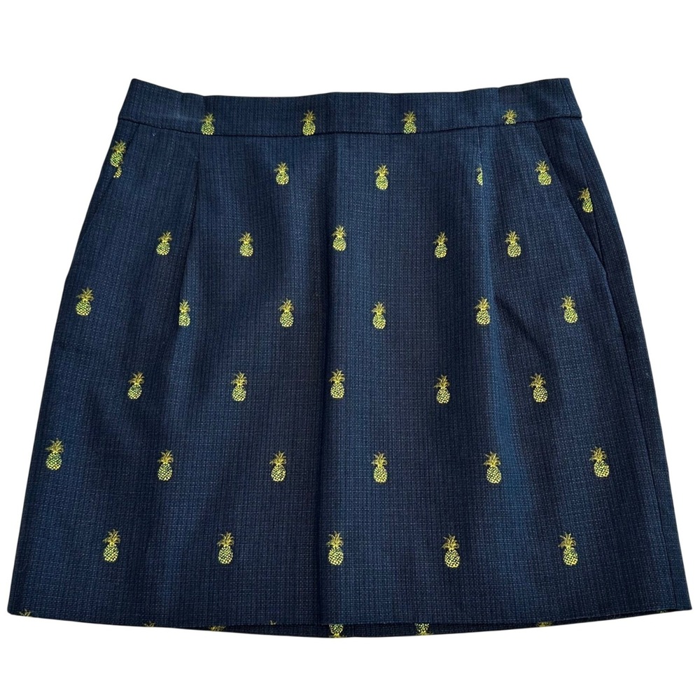 J Crew Womens Navy Blue Pineapple Embroidered Cotton Mini Skirt Size 4 Tropical